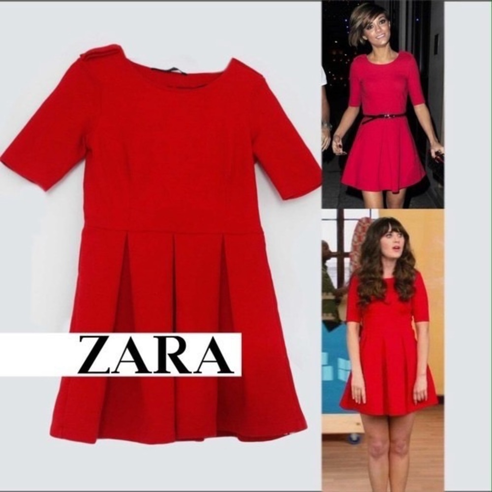 Zara red skater dress- Zoey Deschanel outfit